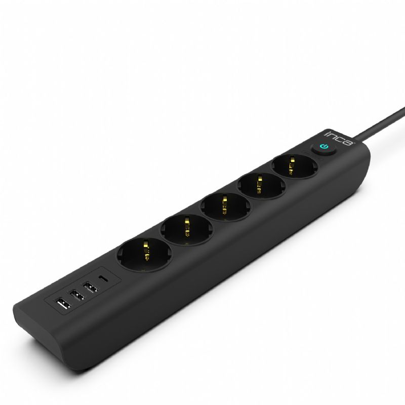 İnca IPW-44TU 5 port 2x USB+ Type-C Akım Korumalı Led Tuşlu Priz 1.5M - Siyah