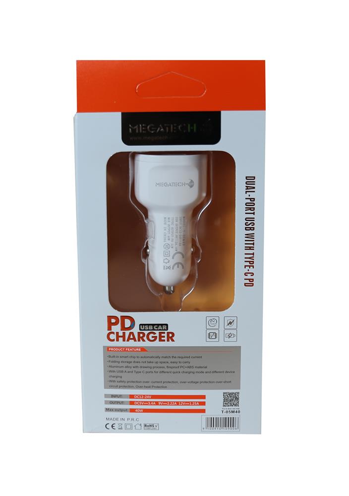 Megatech T-05M40 Beyaz 40W PD-USB Araç Çakmaklık Şarj Başlığı Hızlı Şarj