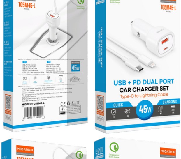 Megatech 45W PD + USB-A iPhone Araç Şarj Seti