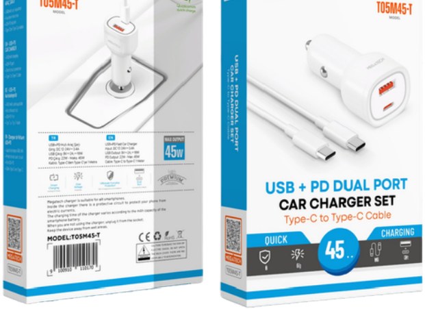 Megatech 45W PD + USB-A Type-C Araç Şarj Seti