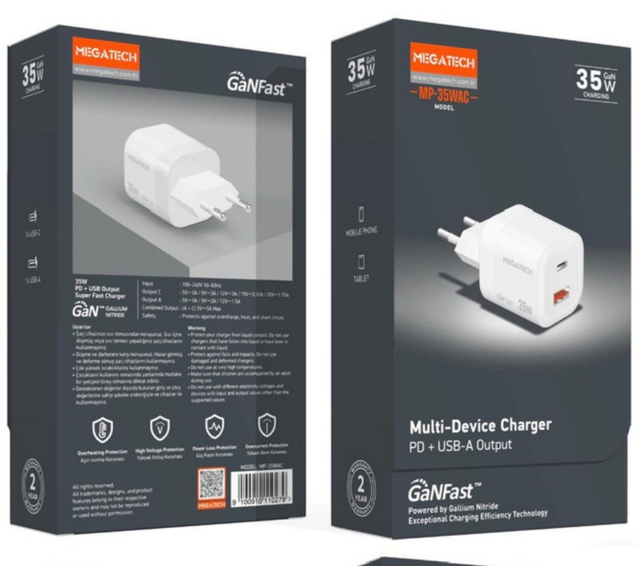 Megatech GaN 35W PD + USB-A Şarj Başlığı Beyaz
