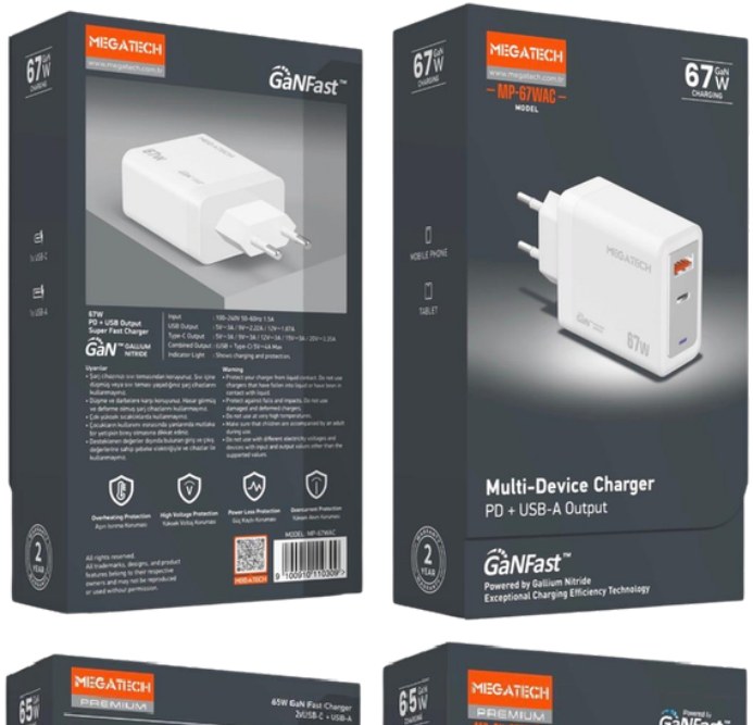 Megatech GaN 67W PD + USB-A Işıklı Şarj Başlığı Beyaz