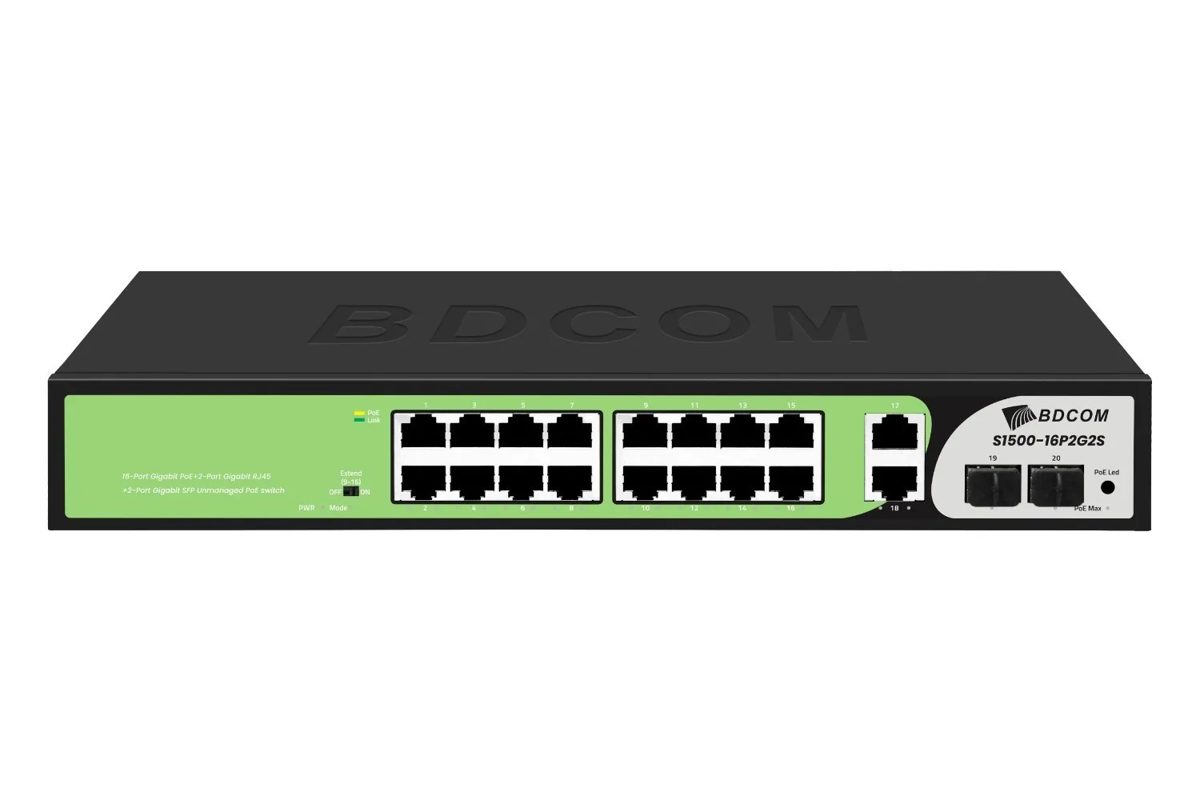 BDCOM S1500-16P2G2S 20 Port GIGABIT 16xPoE 185W 2xRJ45 2xSFP Yönetilemez Switch